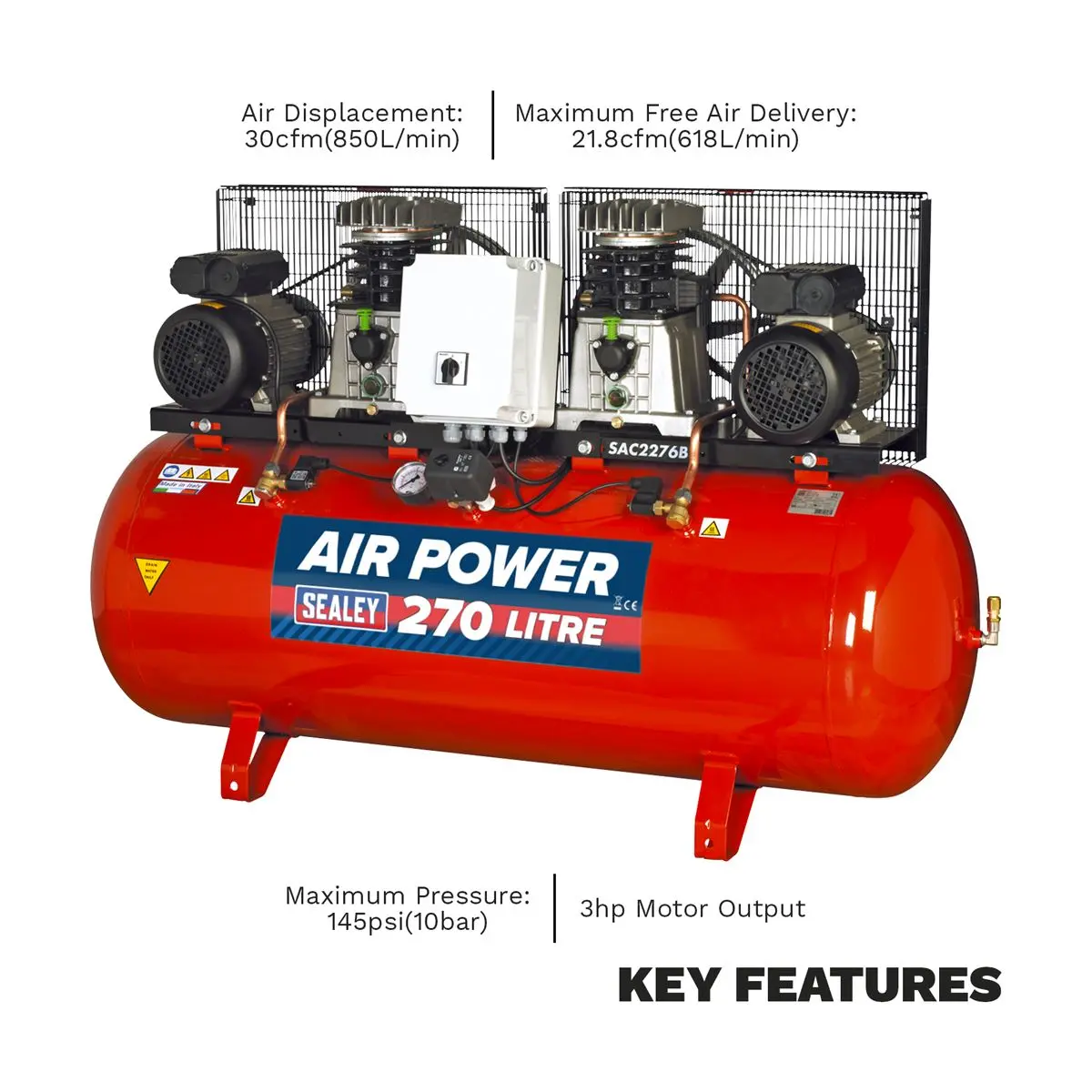 Sealey 270L Belt Drive Air Compressor with Cast Cylinders 2 x 3hp - Image 5