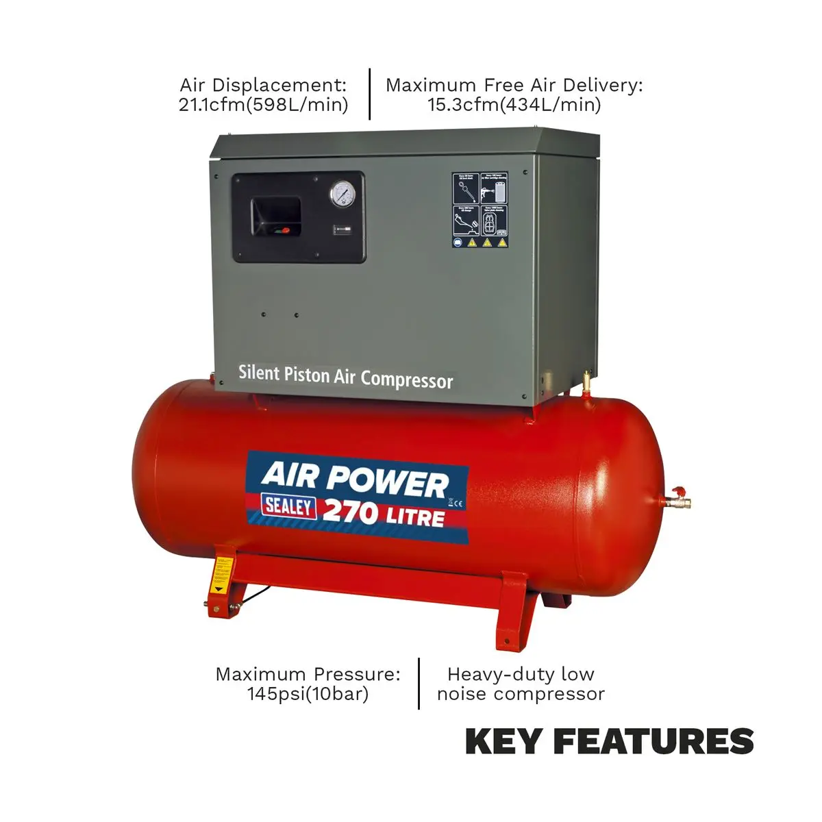 Sealey 270L Low Noise Belt Drive Air Compressor with Cast Cylinders 5.5hp 3ph 2-Stage - Image 6