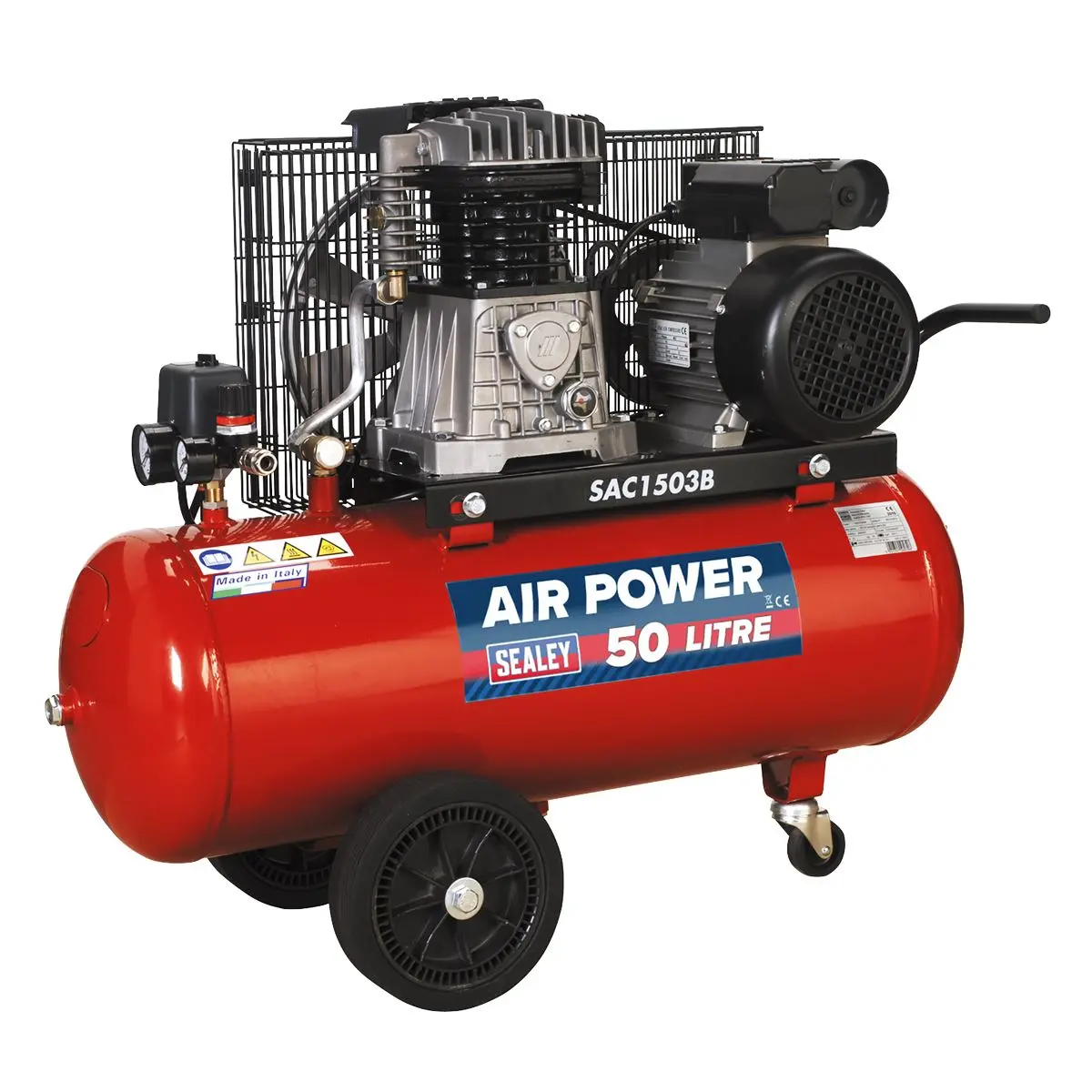 Sealey 50L Belt Drive Air Compressor with Cast Cylinders & Wheels 3hp - Image 4