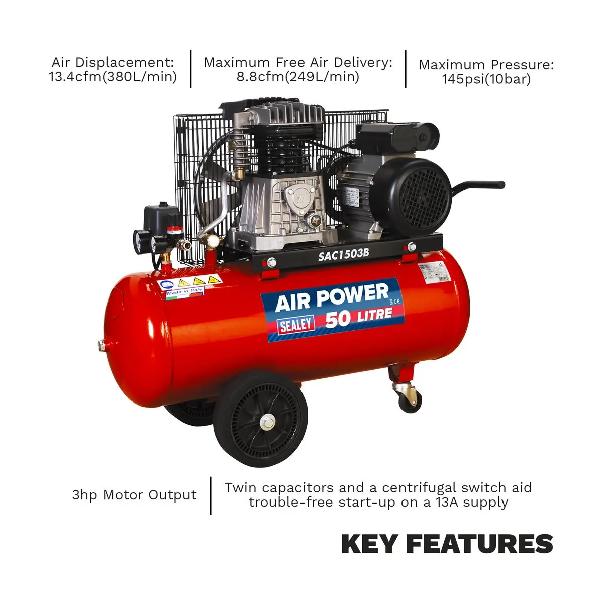 Sealey 50L Belt Drive Air Compressor with Cast Cylinders & Wheels 3hp - Image 5