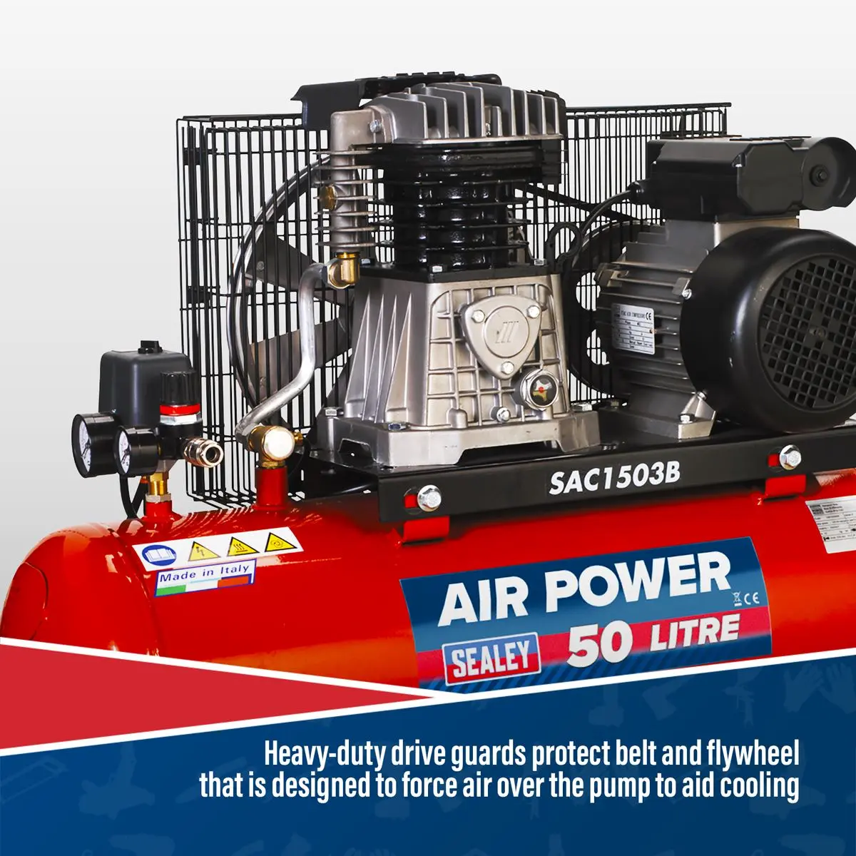 Sealey 50L Belt Drive Air Compressor with Cast Cylinders & Wheels 3hp - Image 6