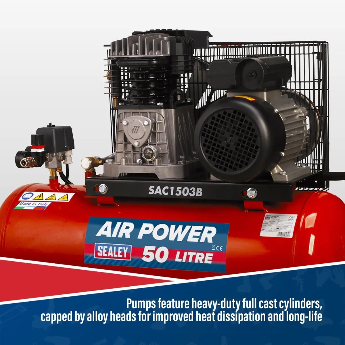 Sealey 50L Belt Drive Air Compressor with Cast Cylinders & Wheels 3hp - Image 7
