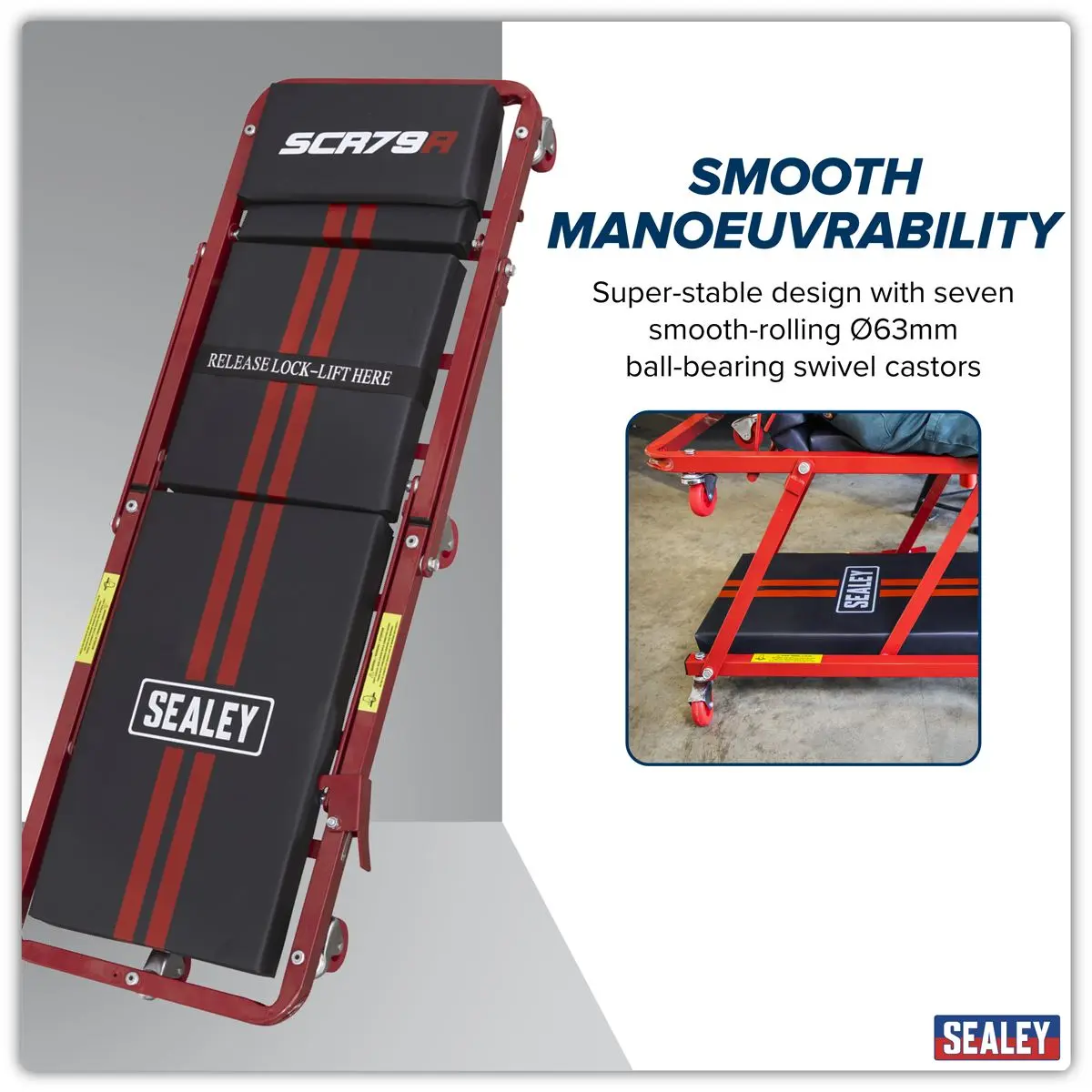 Sealey Steel Creeper/Seat with 7 Wheels & Adjustable Head Rest - Image 9