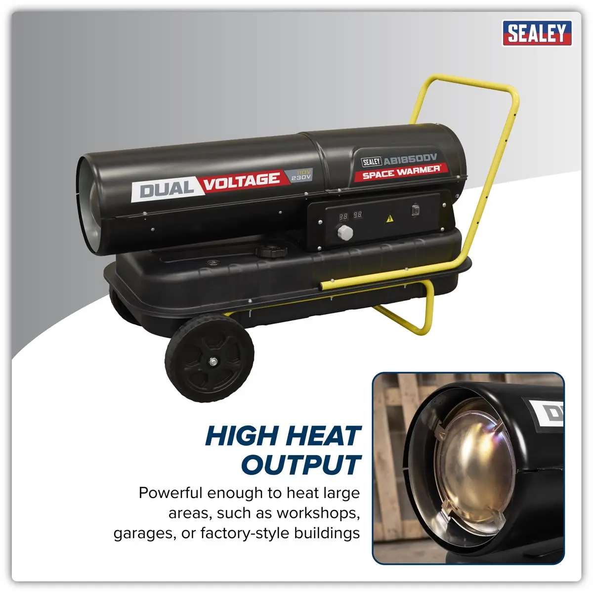 Sealey Dual Voltage Space Warmer® Kerosene/Diesel Heater with Wheels 185,000Btu/hr(55kW) - Image 12