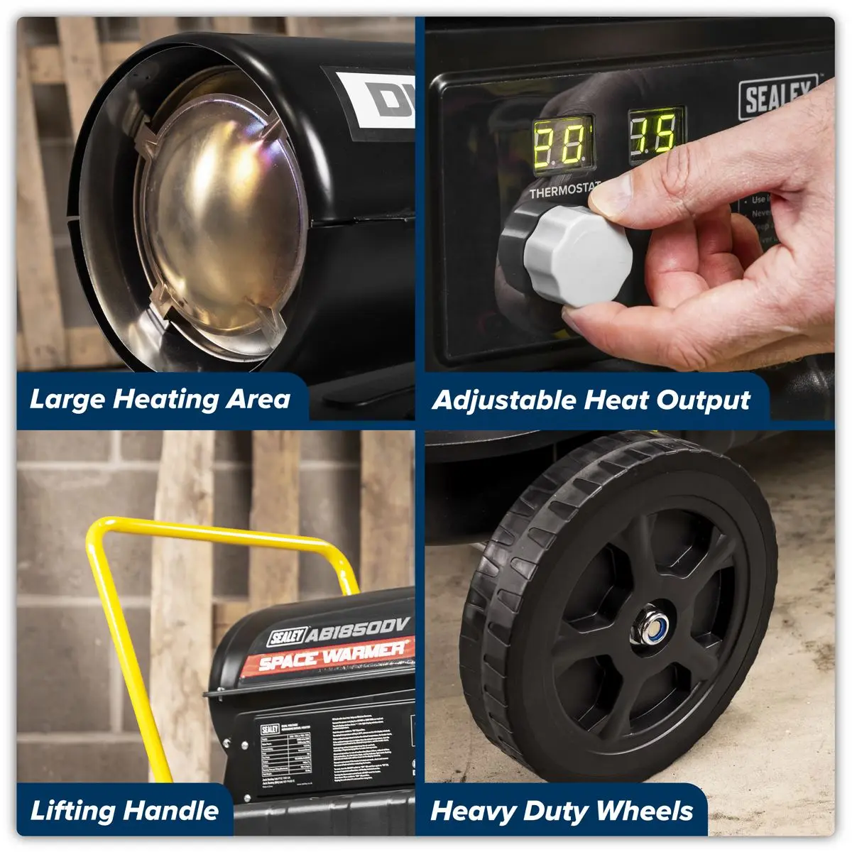 Sealey Dual Voltage Space Warmer® Kerosene/Diesel Heater with Wheels 185,000Btu/hr(55kW) - Image 13
