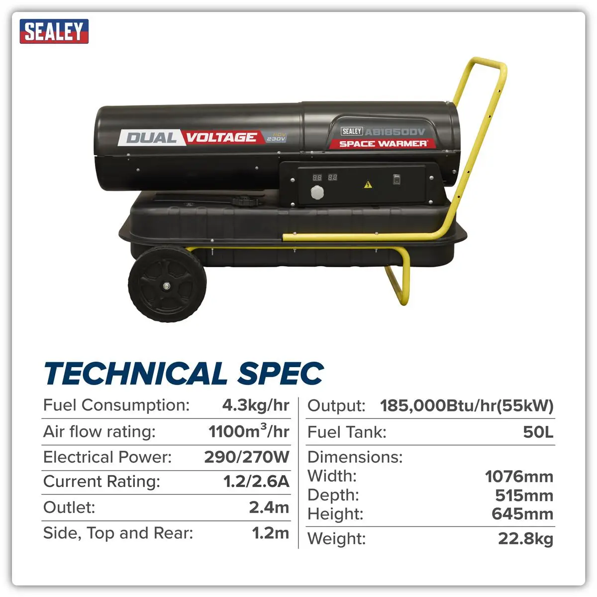 Sealey Dual Voltage Space Warmer® Kerosene/Diesel Heater with Wheels 185,000Btu/hr(55kW) - Image 14