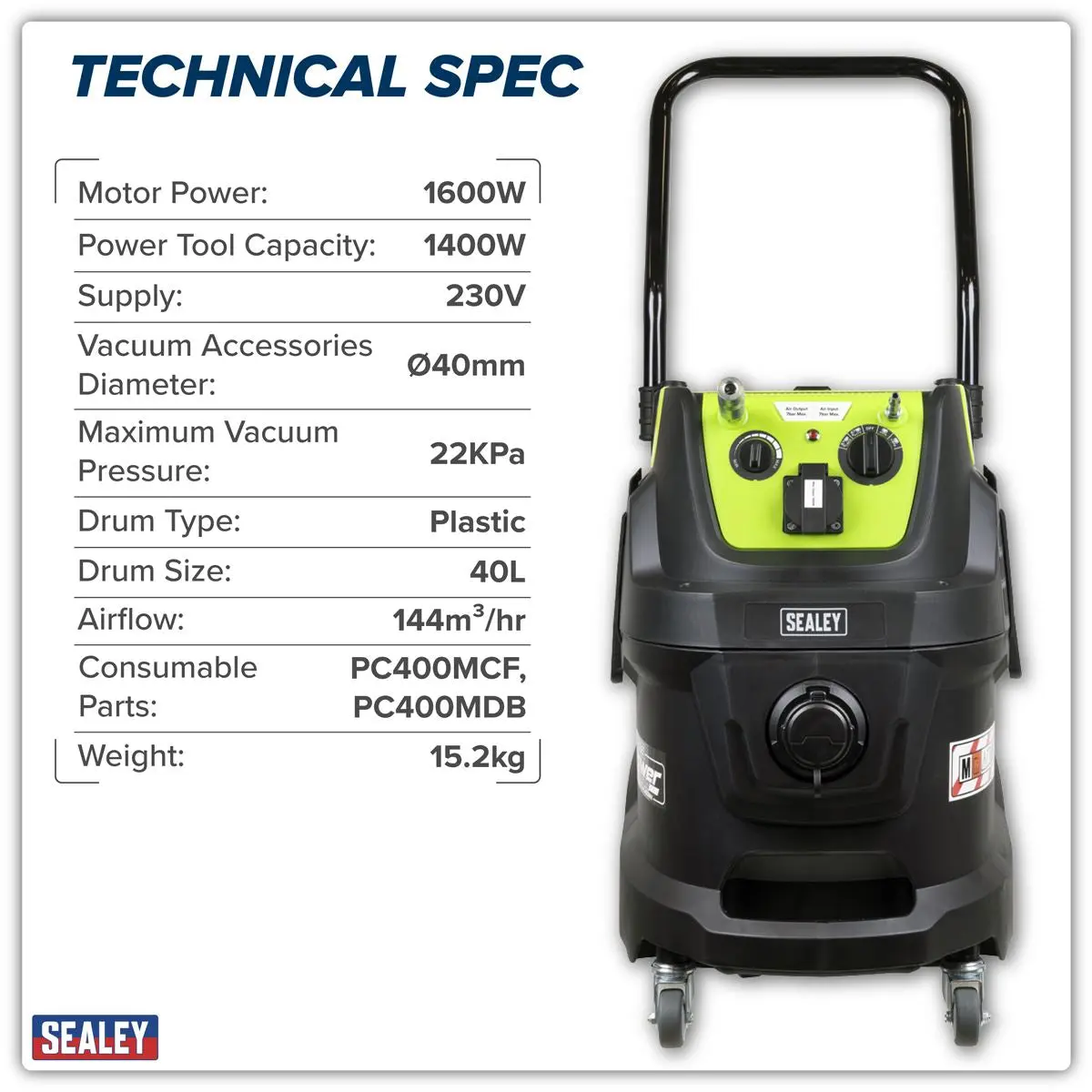 Sealey M Class Dust-Free Industrial Wet & Dry Vacuum Cleaner 40L with Autostart for Air/Electric Power Tools 1600W/230V - Image 2