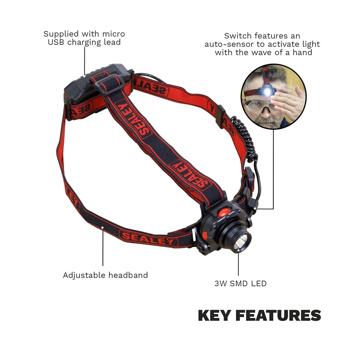 Sealey Head & Hat Torch with Auto-Sensor 3W SMD LED - Image 8