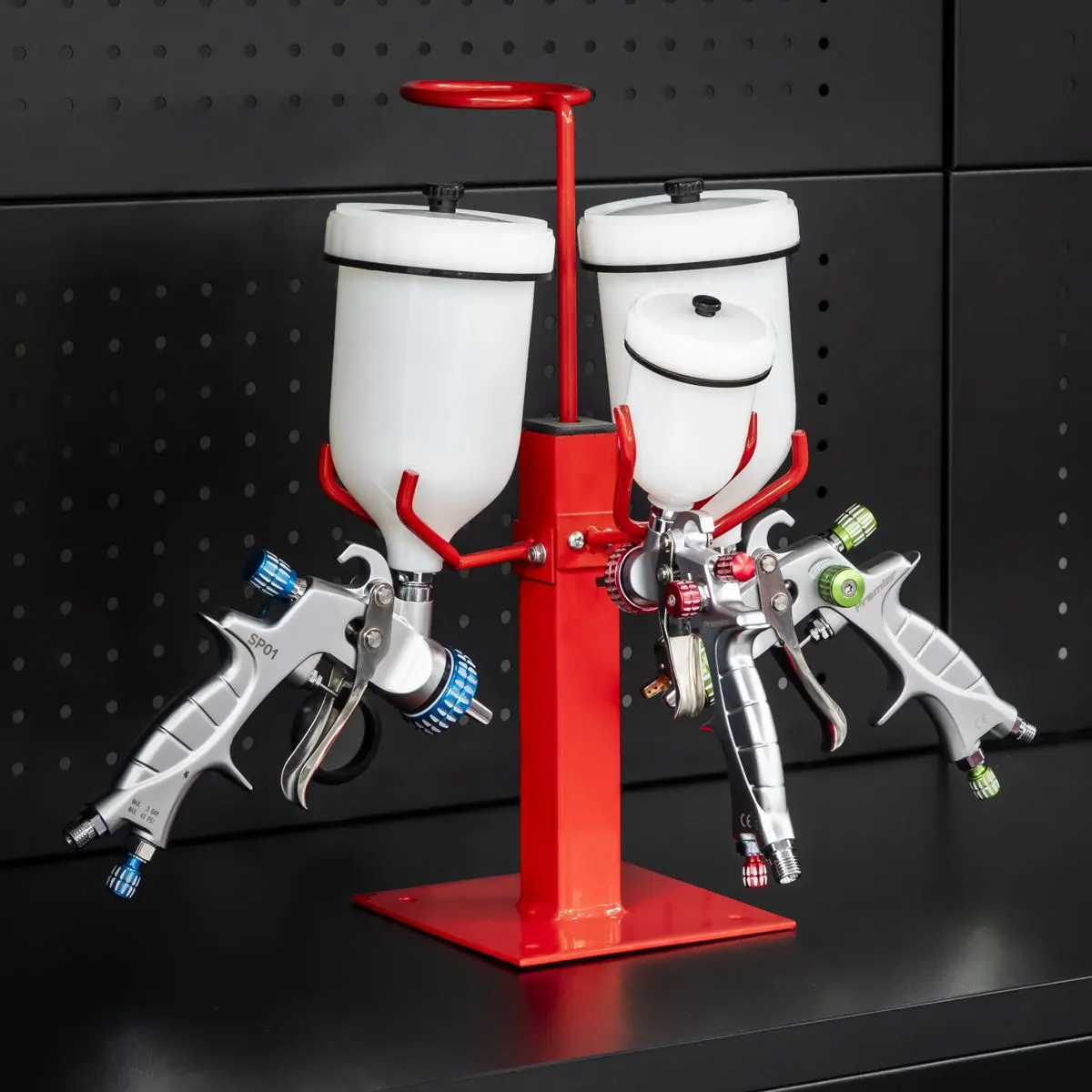Sealey Spray Gun Holder Stand Heavy Duty 3 Gravity Feed Filter Ring Body Shop - Image 8