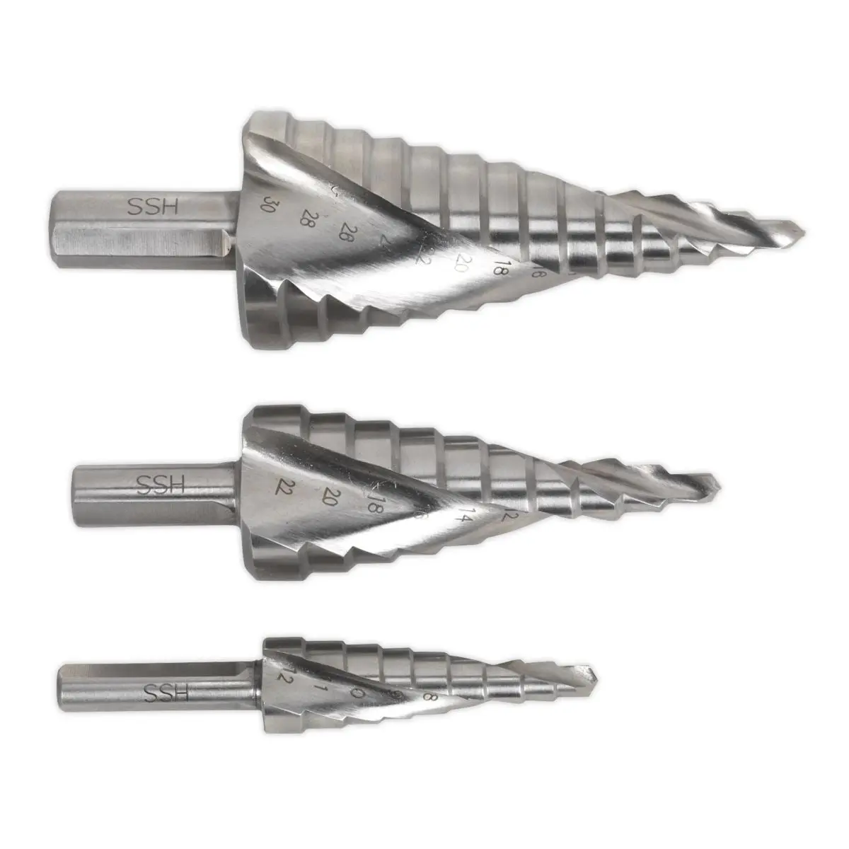Sealey HSS M2 Step Drill Bit Set 3pc Spiral Flute - Image 2