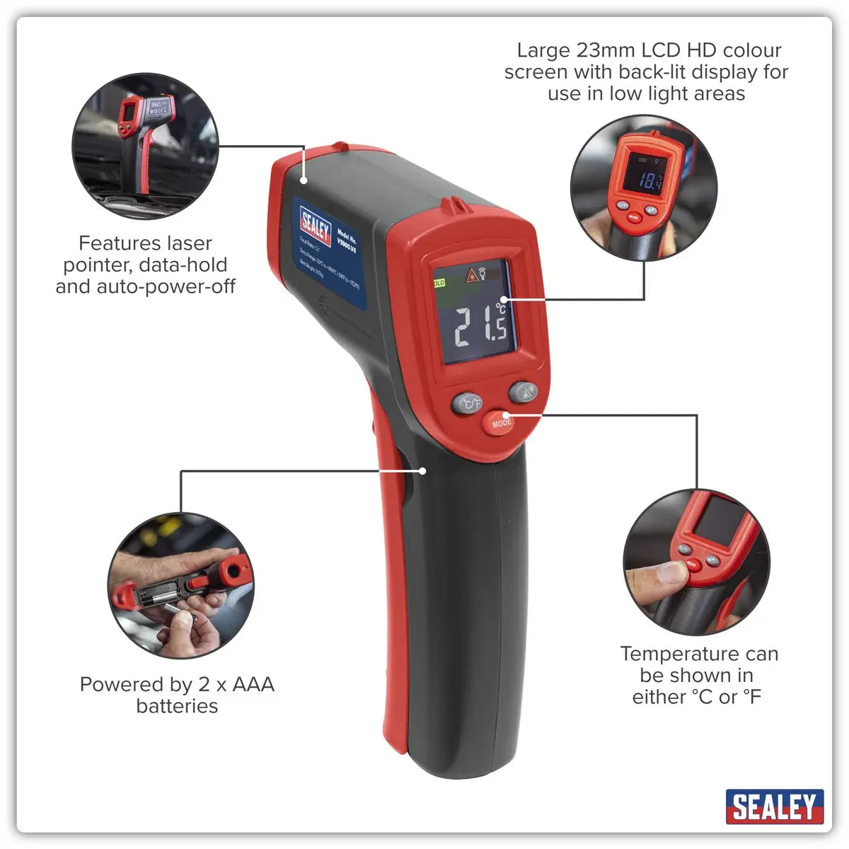 Sealey Infrared Laser Digital Thermometer 12:1 - Image 7