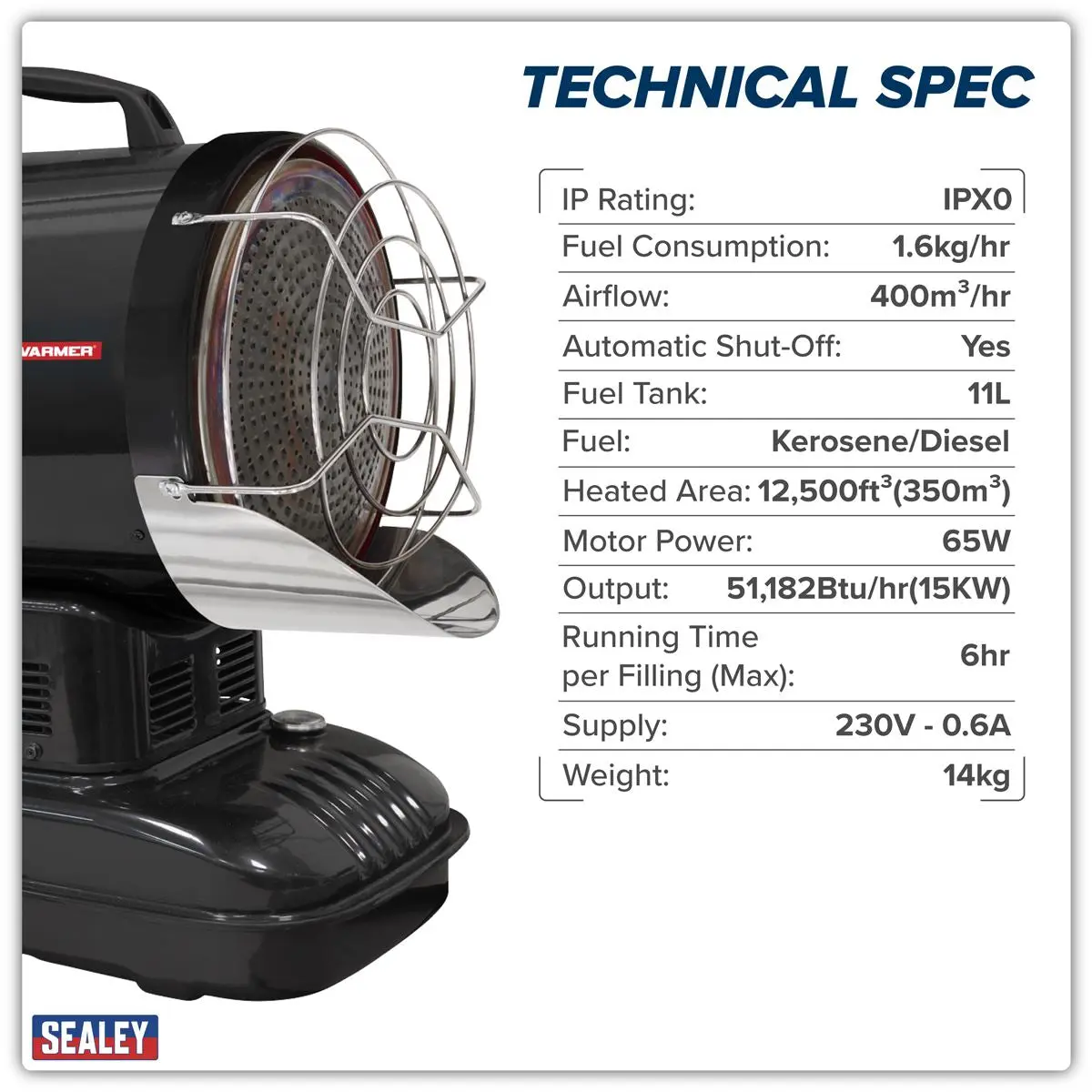Sealey Infrared Space Warmer® Kerosene/Diesel Heater 51,000Btu/hr - Image 9