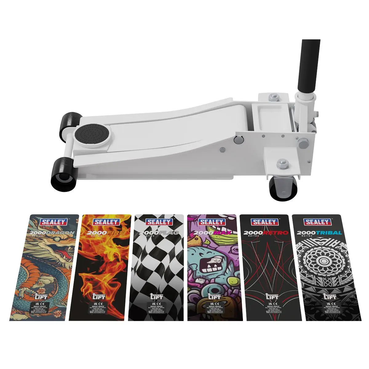 Sealey 2 Tonne Low Entry Profile Trolley Jack Rocket Lift White 6 Custom Designs - Image 3