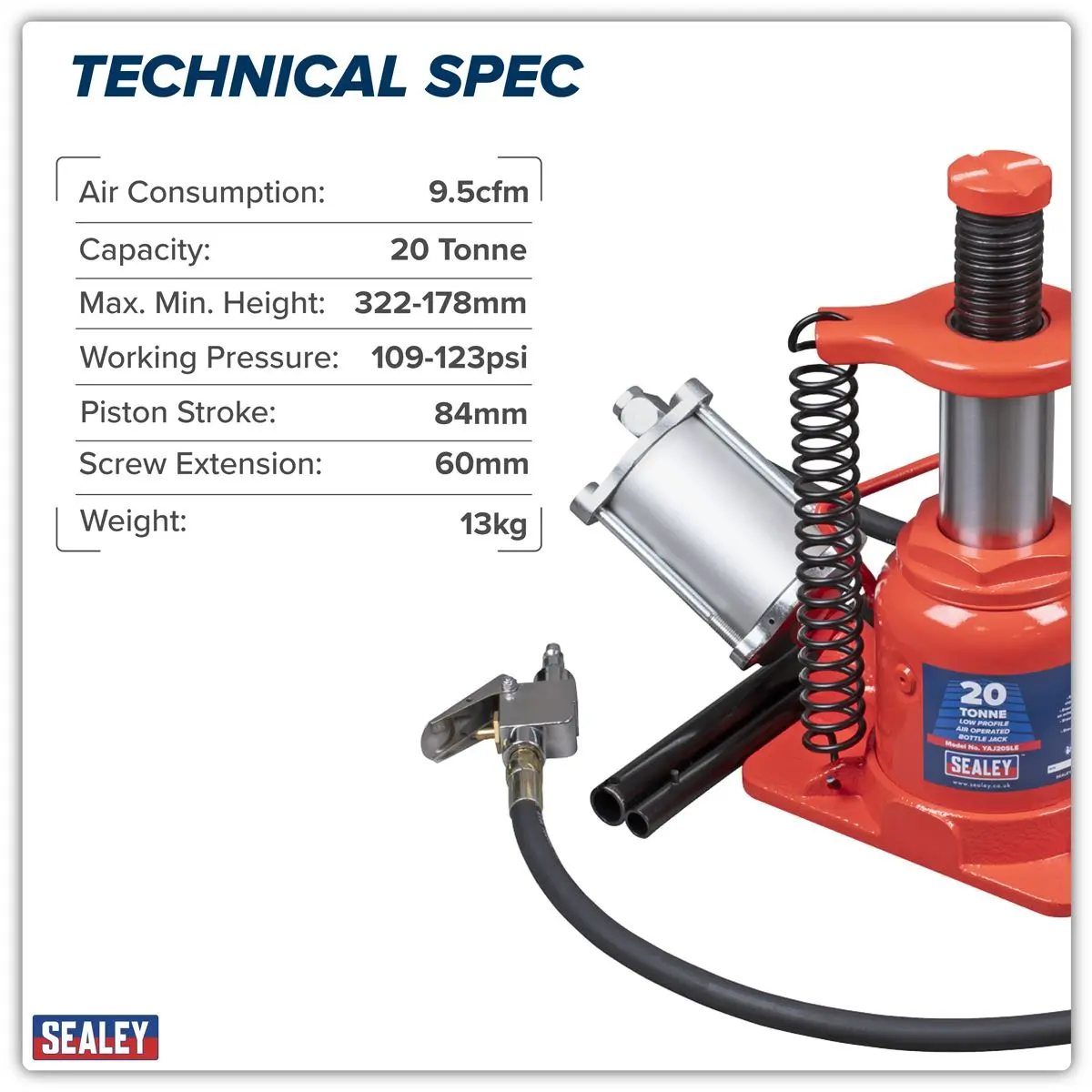 Sealey Low Profile Air Operated Hydraulic Bottle Jack 20 Tonne - Image 2