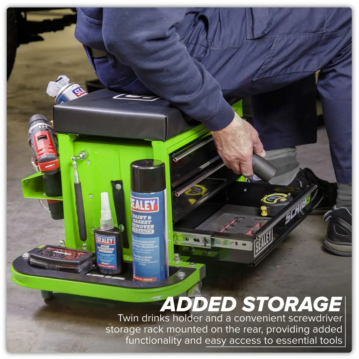 Sealey Mechanic's Utility Seat & Toolbox - Green - Image 2