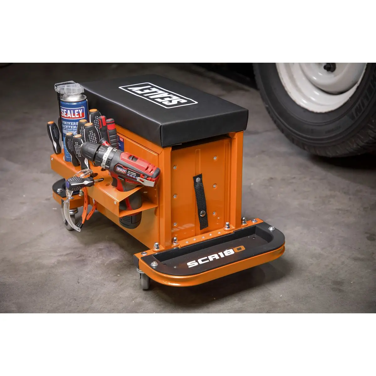 Sealey Mechanic's Utility Seat & Toolbox - Orange - Image 14