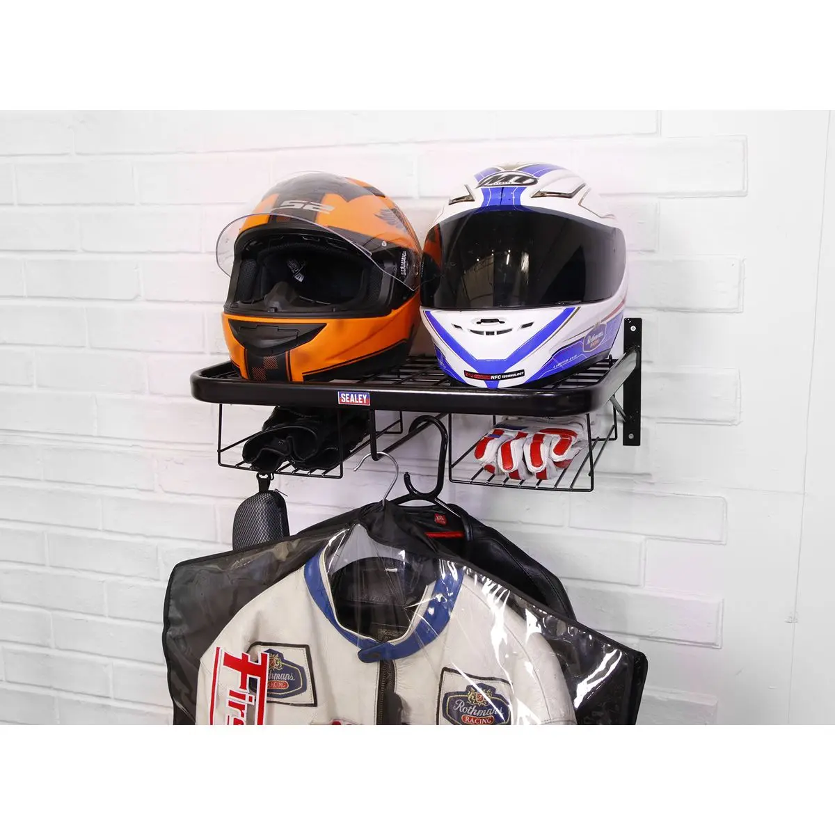 Sealey Motorcycle Helmet, Clothing and Gear Tidy Wall Mounted Shelf Rack 490mm x 350mm - Image 3