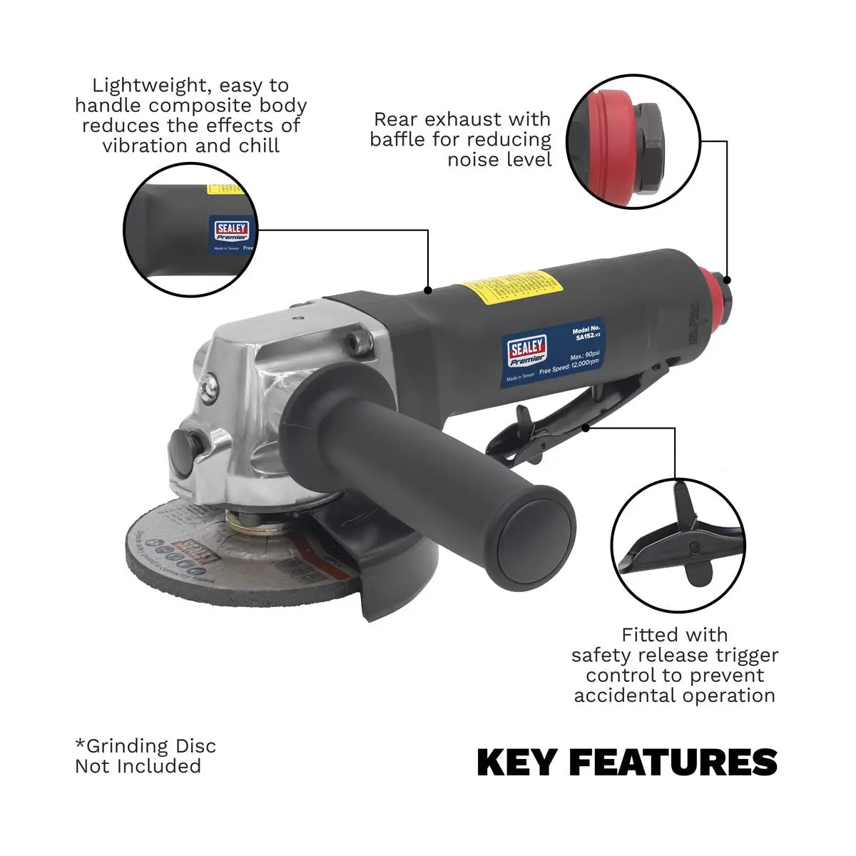 Sealey Premier Air Angle Grinder Ø100mm Composite Housing - Image 4