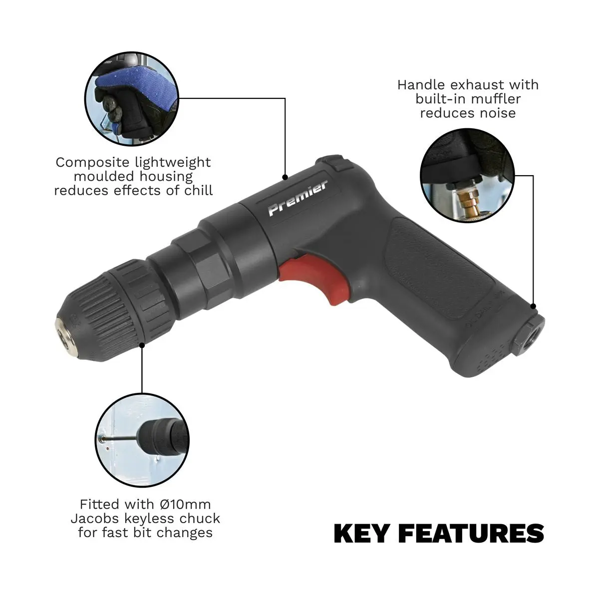 Sealey Premier Air Pistol Drill Ø10mm with Keyless Chuck Composite Reversible - Premier - Image 5