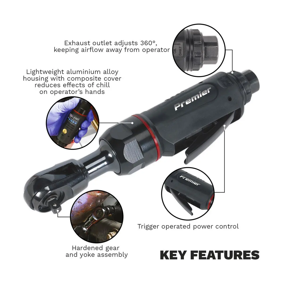 Sealey Premier Air Ratchet Wrench Compact 1/4"Sq Drive Premier - Image 7