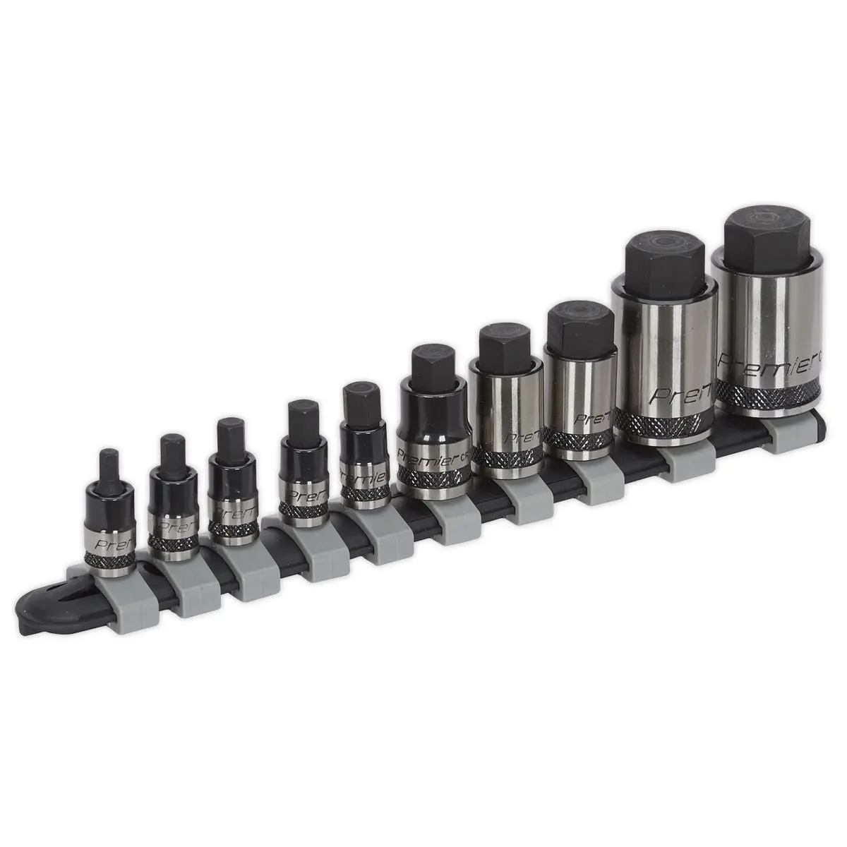 Sealey Premier Black 10 Piece 1/4" 3/8" 1/2" Drive Stubby Hex Socket Bit Set 4-19mm