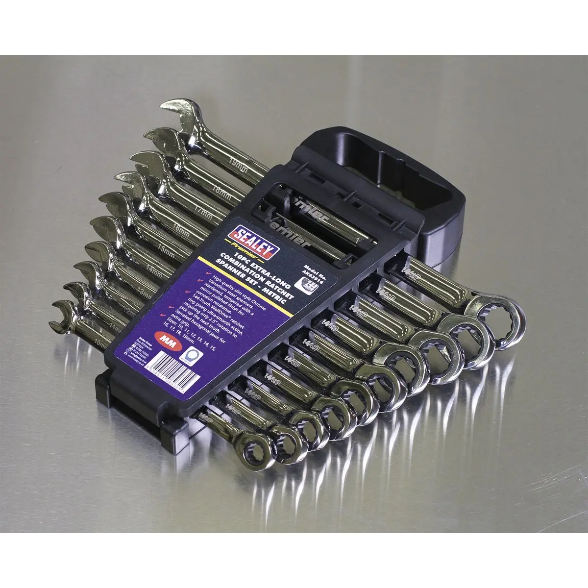 Sealey Premier Combination Ratchet Spanner Set 10pc Extra-Long Metric - Image 11