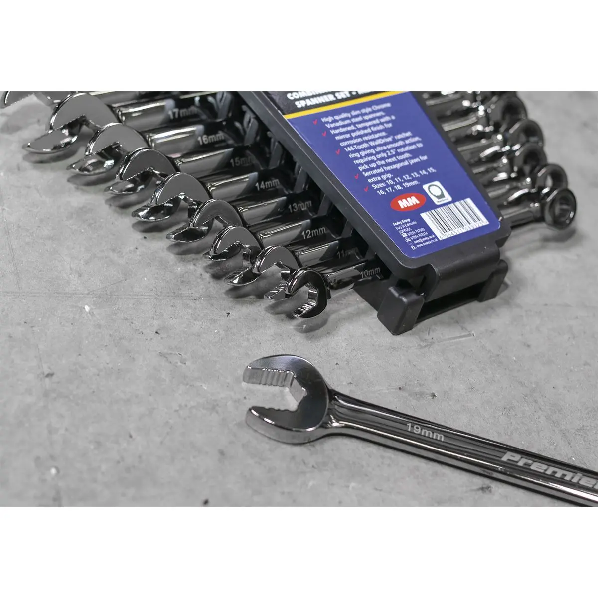 Sealey Premier Combination Ratchet Spanner Set 10pc Extra-Long Metric - Image 12