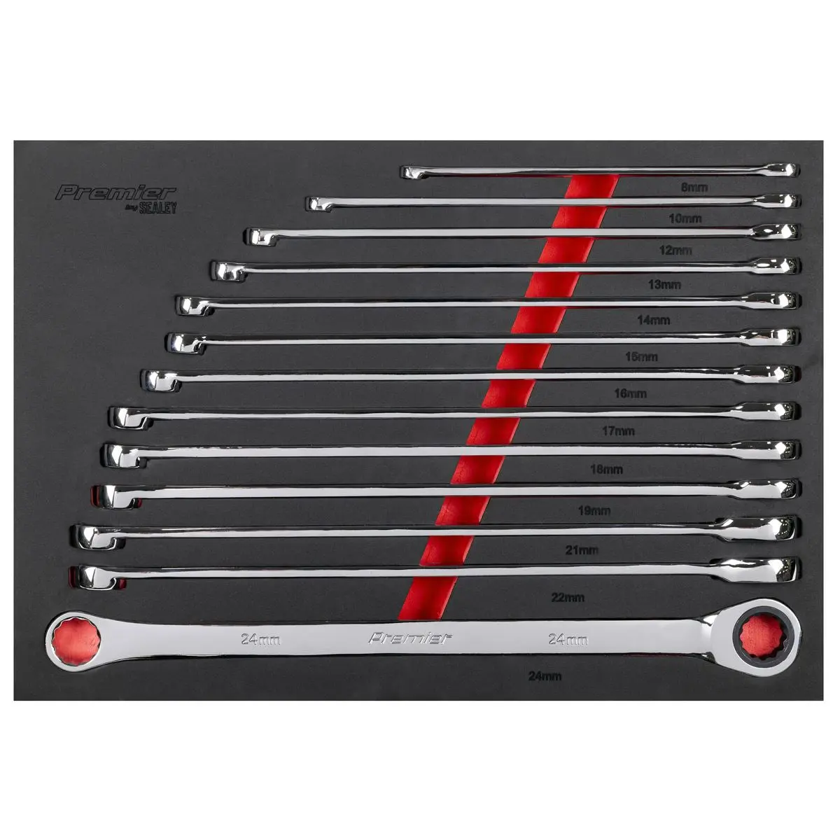 Sealey Premier Extra-Long Double Ring Ratchet/Fixed Spanner Set 13pc - Image 2