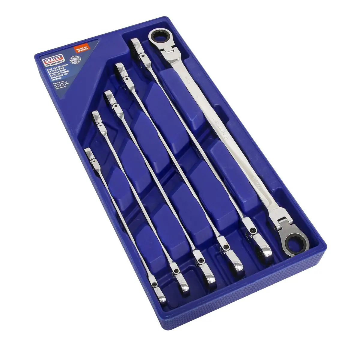 Sealey Premier Flexi-Head Double End Ratchet Ring Spanner Set 6pc Extra-Long Metric - Image 2