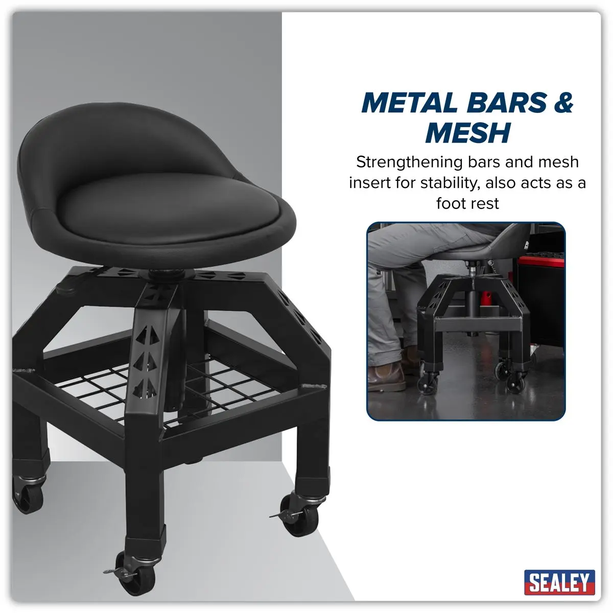 Sealey Premier Industrial Premier Industrial Pneumatic Creeper Stool with Adjustable Height Swivel Seat & Back Rest - Image 8