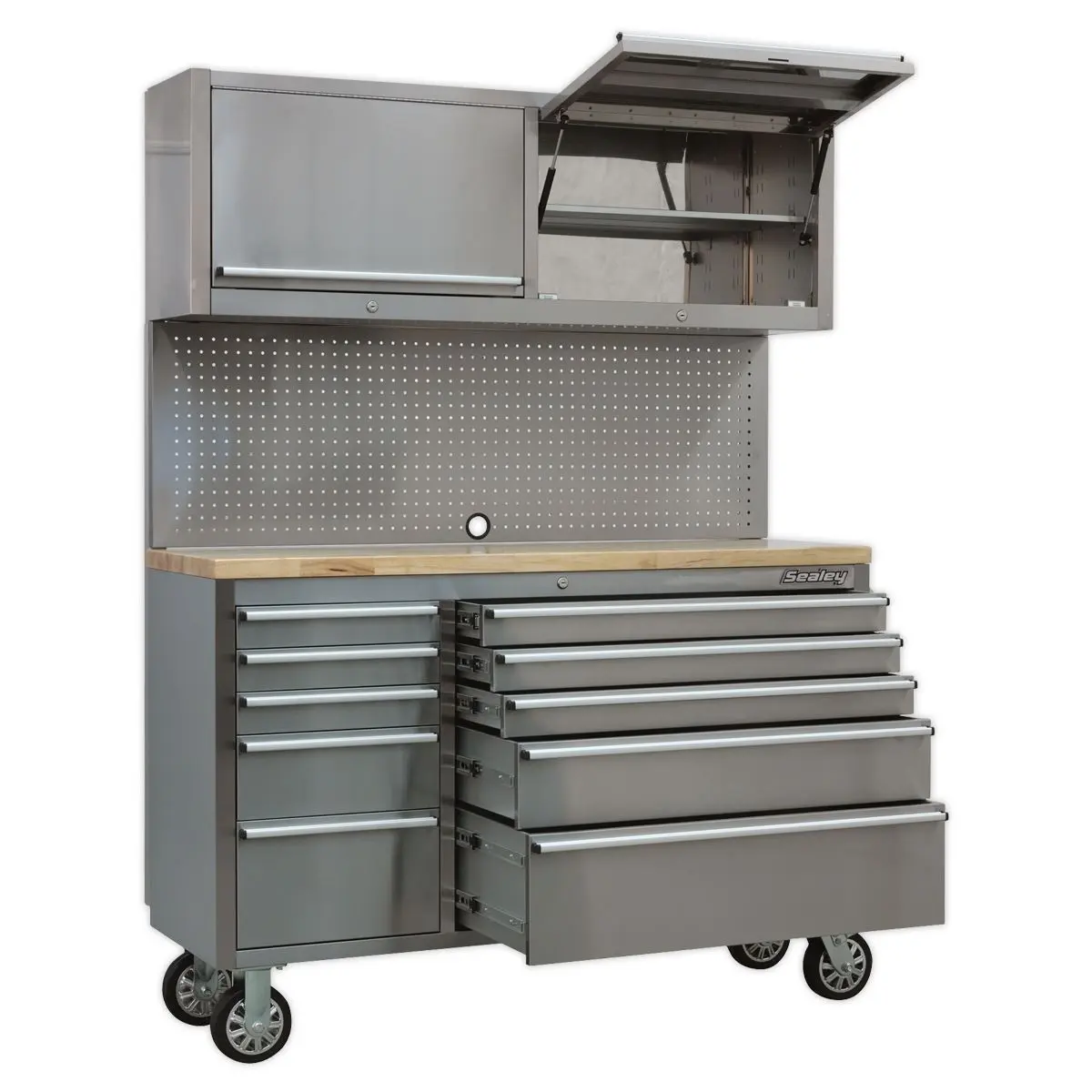 Sealey Premier Mobile Stainless Steel Tool Cabinet 10 Drawer with Backboard & 2 Wall Cupboards - Image 12