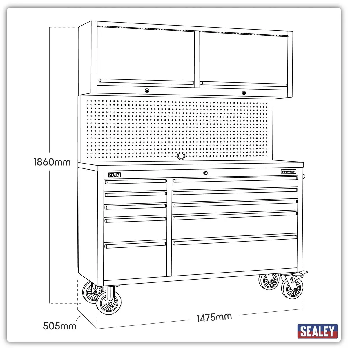 Sealey Premier Mobile Stainless Steel Tool Cabinet 10 Drawer with Backboard & 2 Wall Cupboards - Image 15