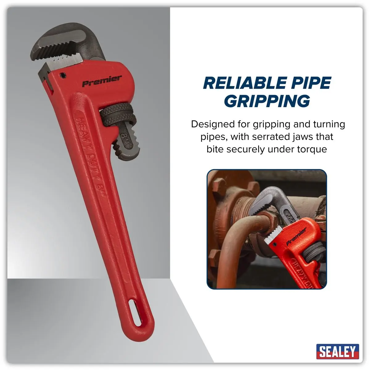 Sealey Premier Cast Steel Pipe Wrench European Pattern 200mm - Image 2