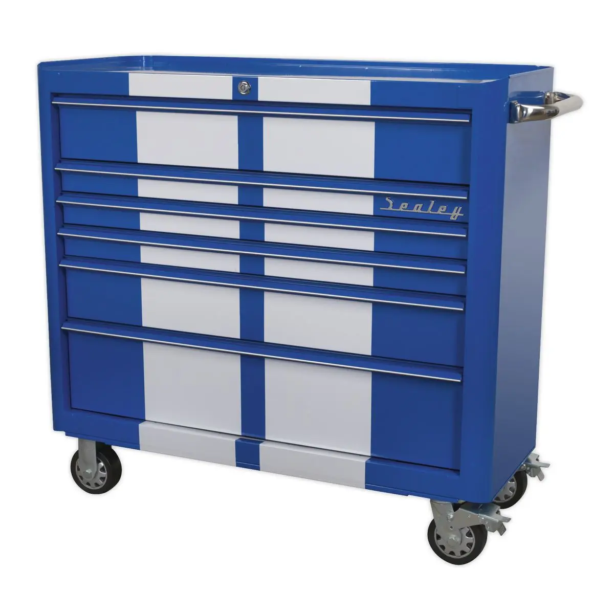 Sealey Premier Rollcab 6 Drawer Wide Retro Style - Blue with White Stripes - Image 4