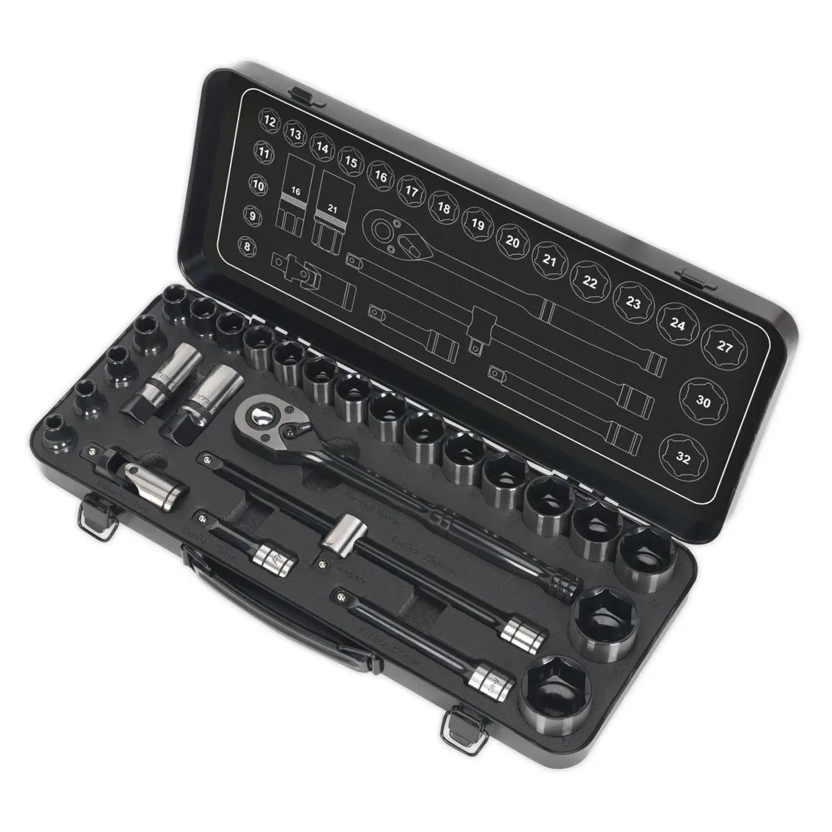 Sealey Premier Socket Set 28 Piece 1/2" Drive 6 Point WallDrive Metric Black Series - Image 9