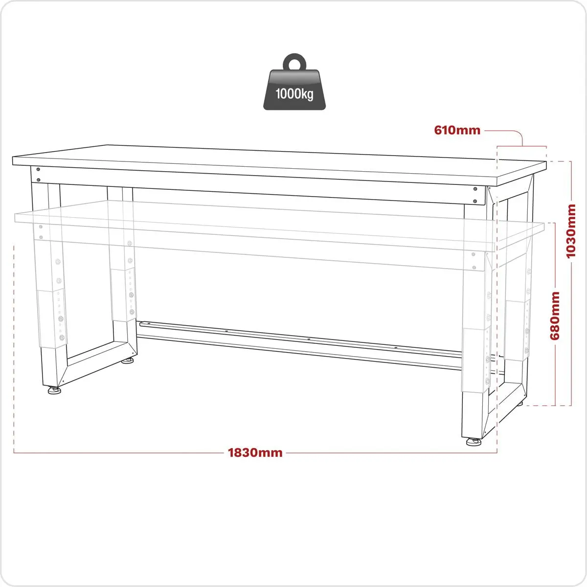 Sealey Premier Steel Adjustable Workbench with Stainless Steel Worktop 1830mm - Heavy-Duty - Image 3