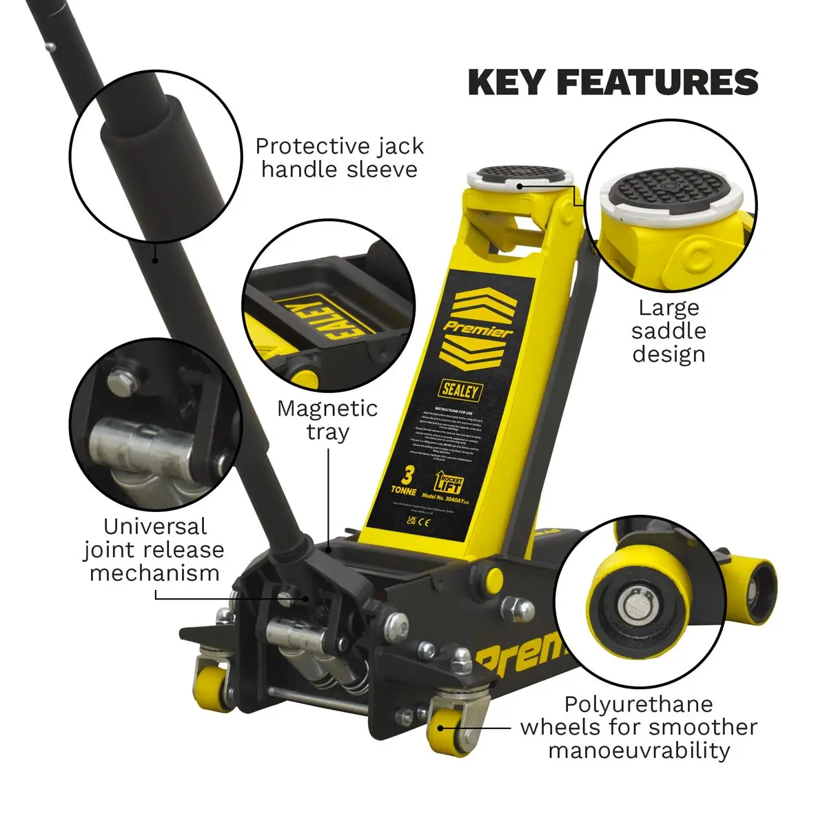 Sealey Premier Premier Low Profile Trolley Jack with Rocket Lift 3 Tonne - Yellow - Image 6
