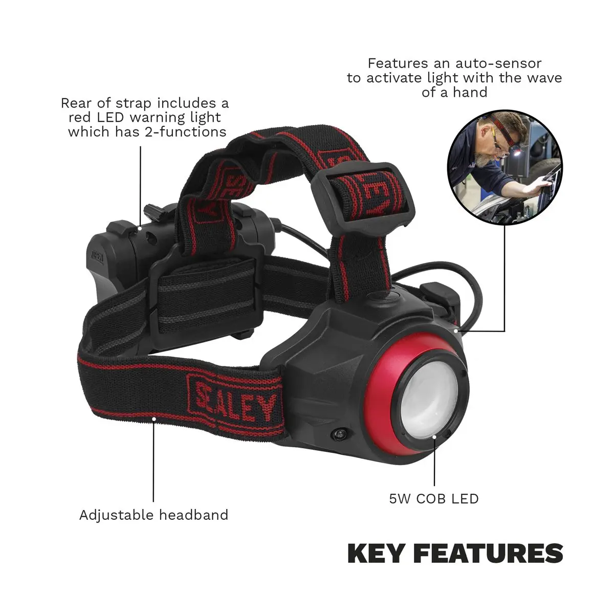 Sealey Rechargeable Head Torch 5W COB LED Auto-Sensor - Image 2