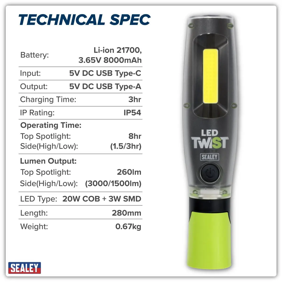 Sealey Rechargeable LED Twist® Inspection Light 20W COB + 3W SMD, 3000lm, Magnetic Base & Power Bank - Image 13