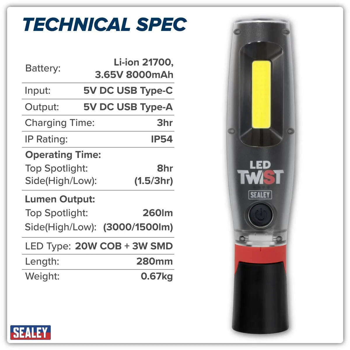 Sealey Rechargeable LED Twist® Inspection Light 20W COB & 3W SMD, 3000lm, Magnetic Base & Power Bank - Image 10