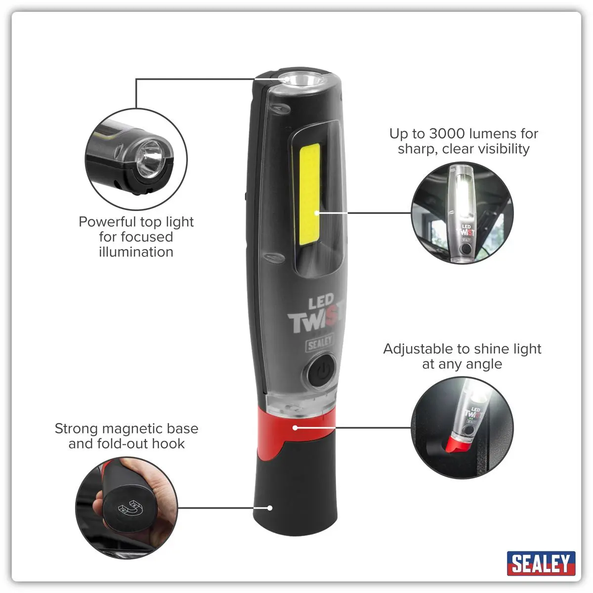 Sealey Rechargeable LED Twist® Inspection Light 20W COB & 3W SMD, 3000lm, Magnetic Base & Power Bank - Image 8