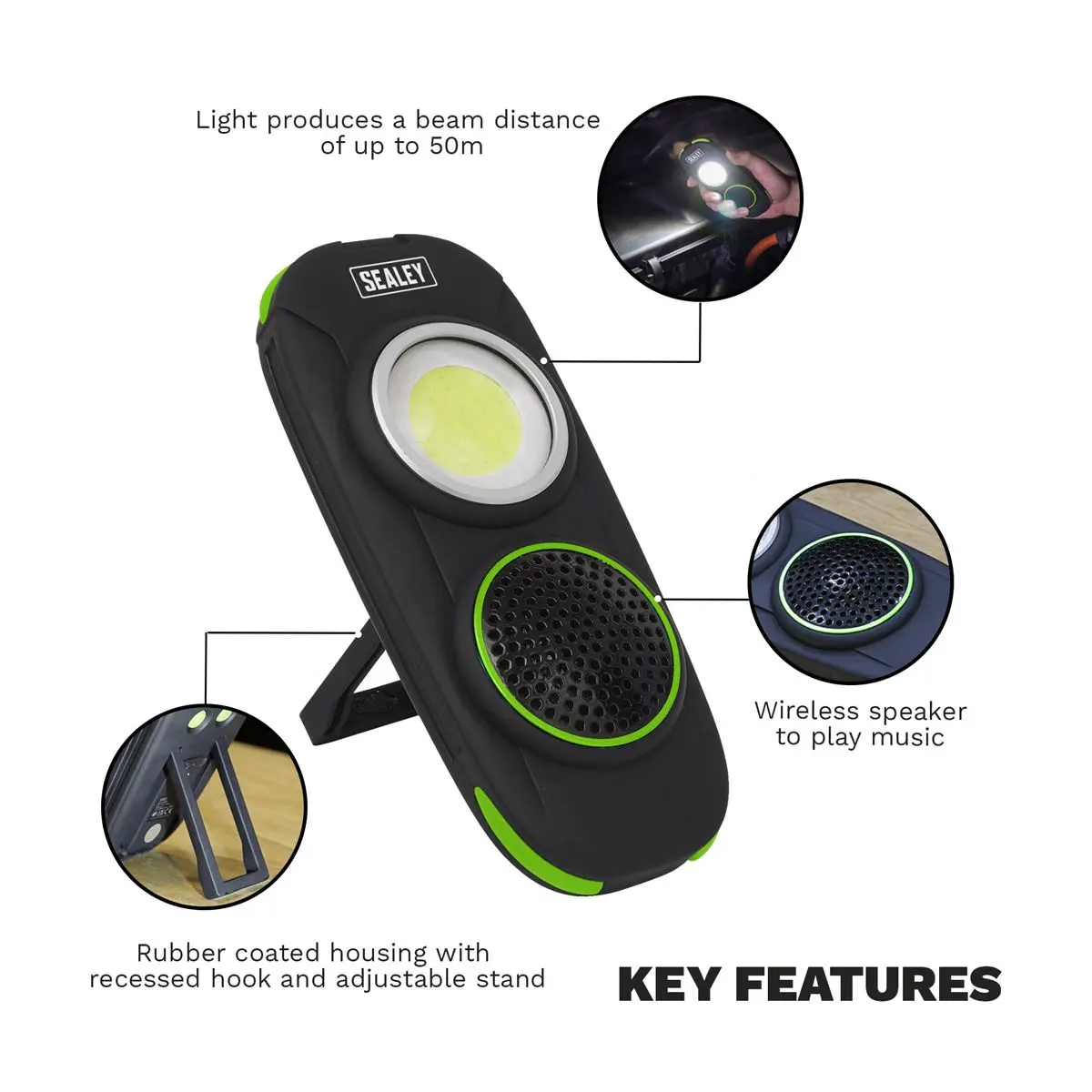 Sealey Rechargeable Torch with Wireless Speaker 10W COB LED 500 Lumens - Image 6