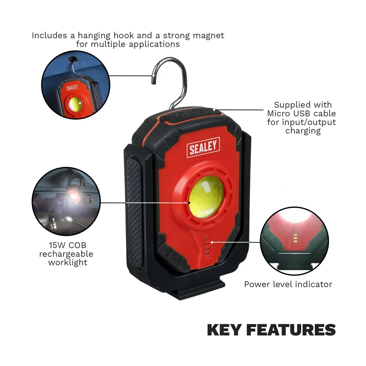Sealey Rechargeable Worklight 15W COB LED - Image 3