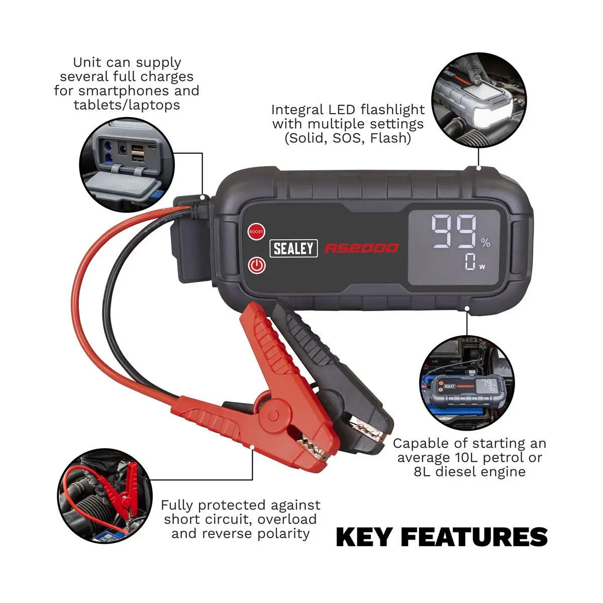Sealey 12V Jump Starter Power Pack RoadStart 2000A Engine Petrol Diesel - Image 14