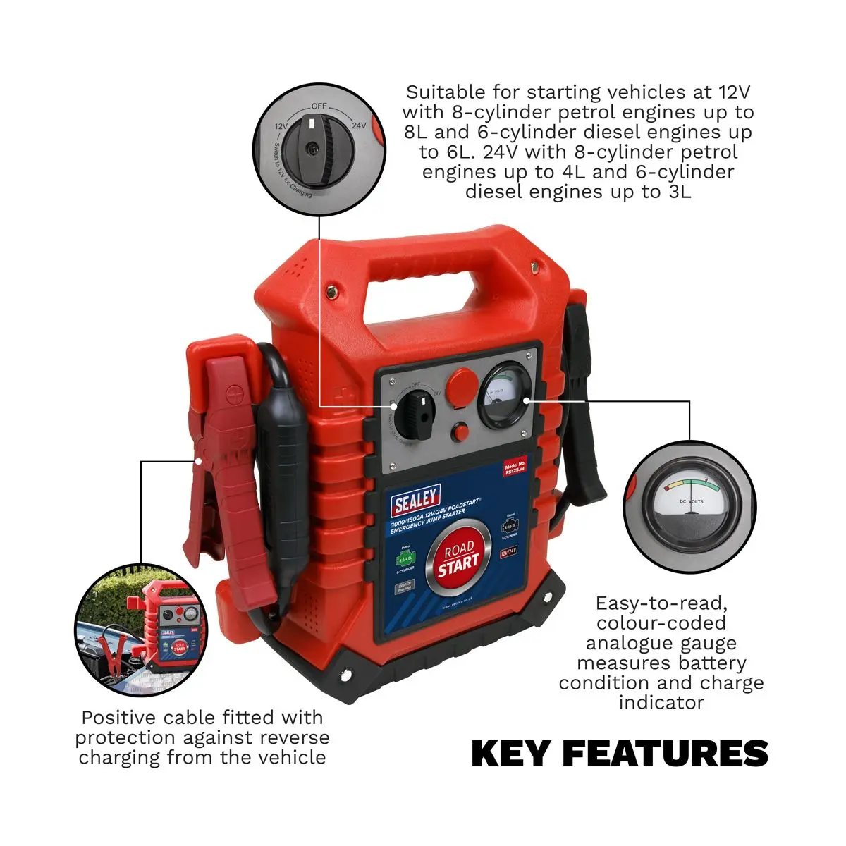Sealey RoadStart® Emergency Jump Starter 12/24V 3000/1500 Peak Amps - Image 3