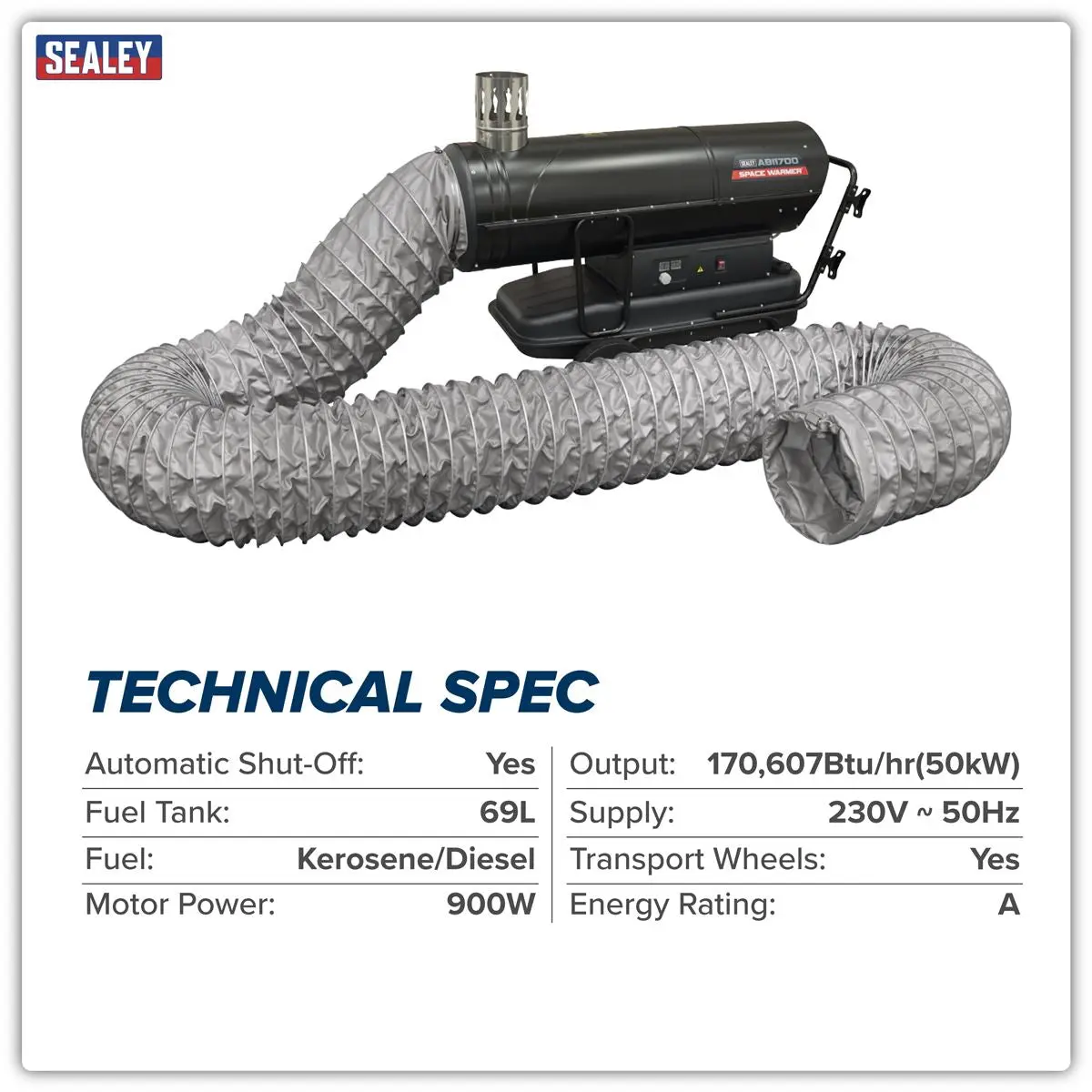Sealey Space Warmer® Indirect Kerosene/Diesel Heater 170,000Btu/hr with 5M Ducting - Image 6