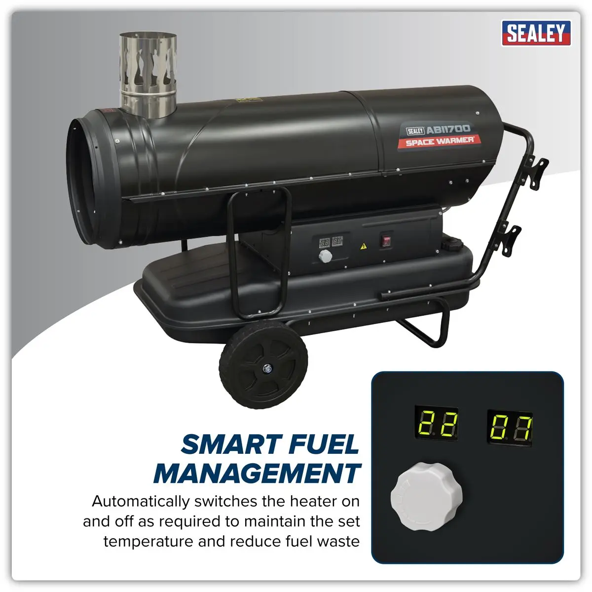 Sealey Space Warmer® Indirect Kerosene/Diesel Heater with Wheels 170,000Btu/hr - Image 9