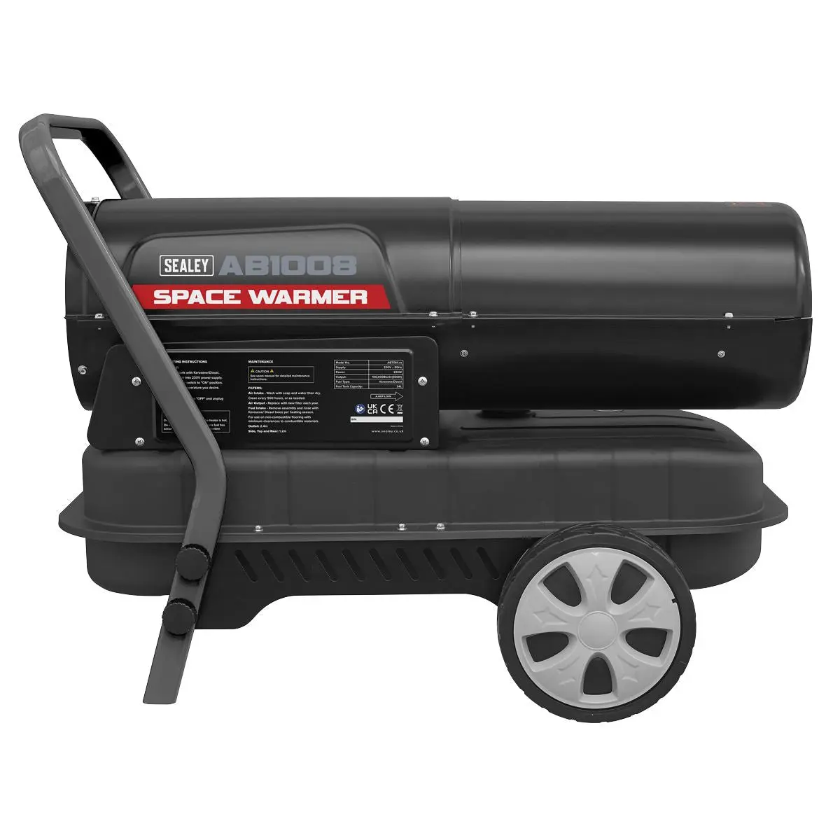 Sealey Space Warmer® Kerosene/Diesel Heater 100,000Btu/hr with Wheels - Image 4