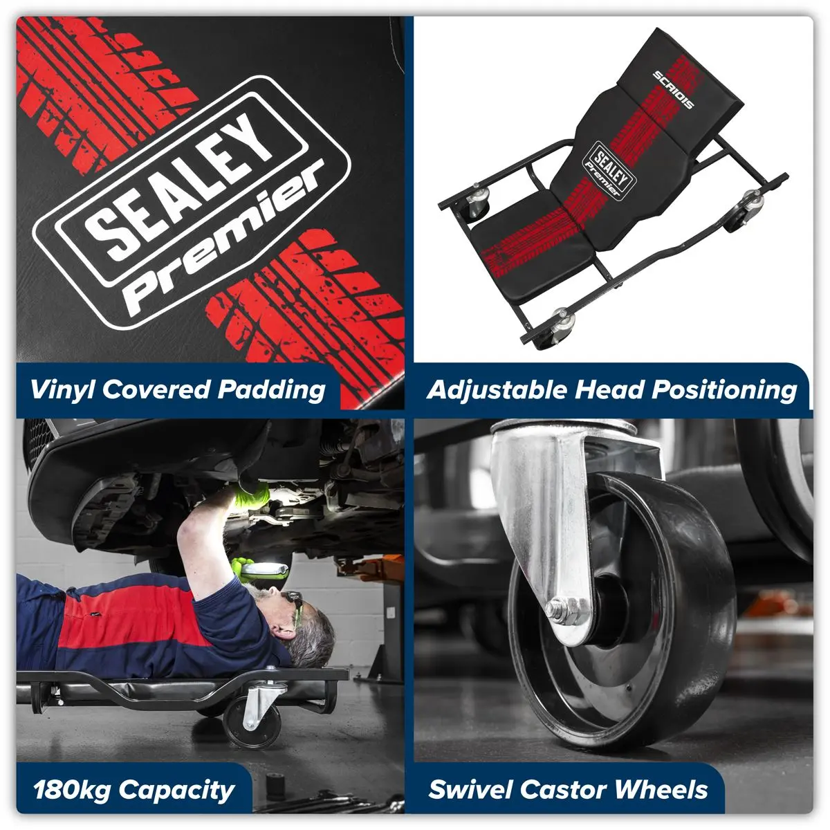 Sealey Steel Creeper with 4 Rough Ground 5" Wheels & Adjustable Back/Headrest - Image 10