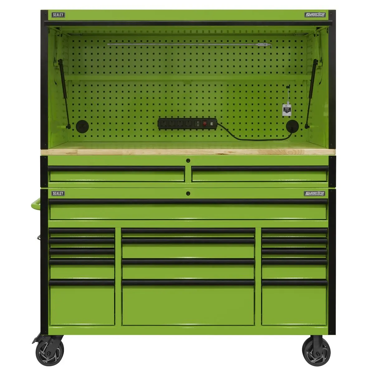 Sealey Superline Pro 15 Drawer 1549mm Mobile Trolley with Wooden Worktop and Hutch and 2 Drawer Riser - Image 10